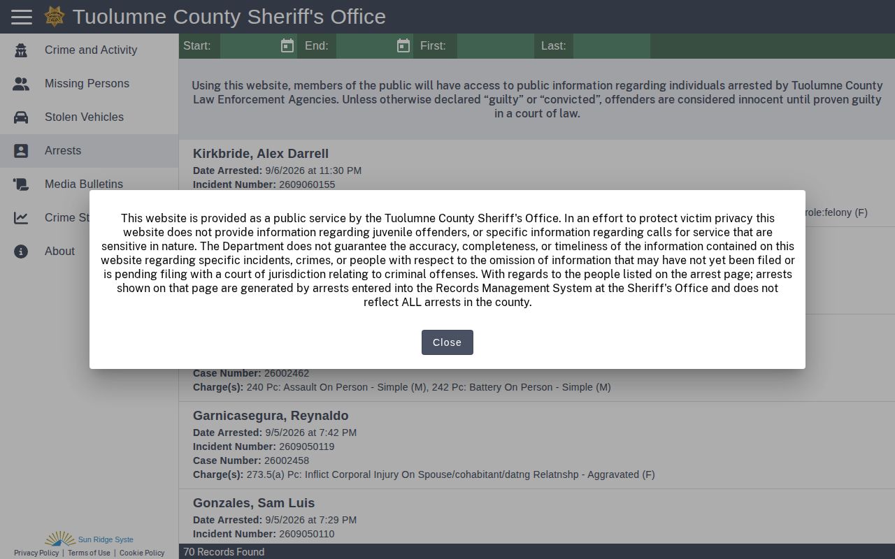 Tuolumne County Citizen RIMS official arrest search and results controls