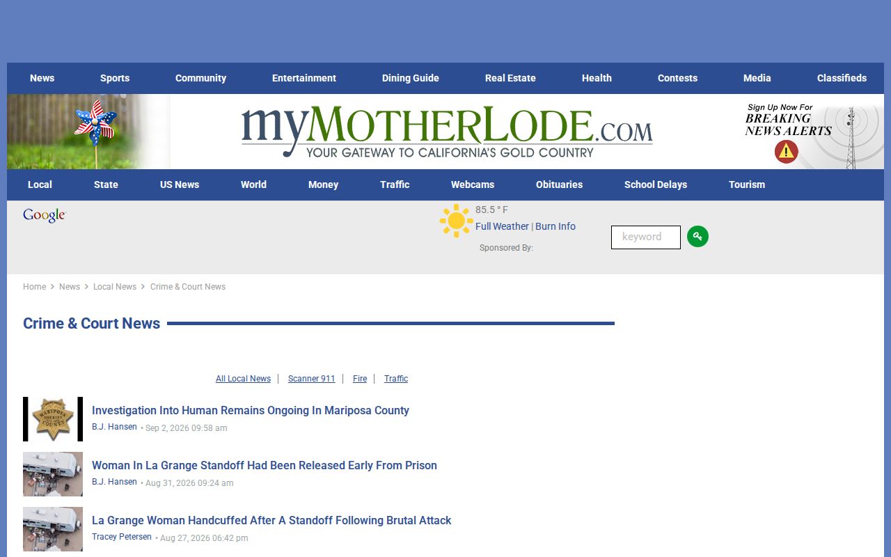 myMotherLode Crime and Court news section covering Tuolumne County