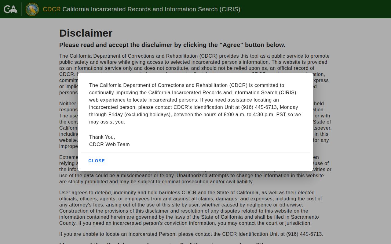 California CIRIS state prison custody search interface