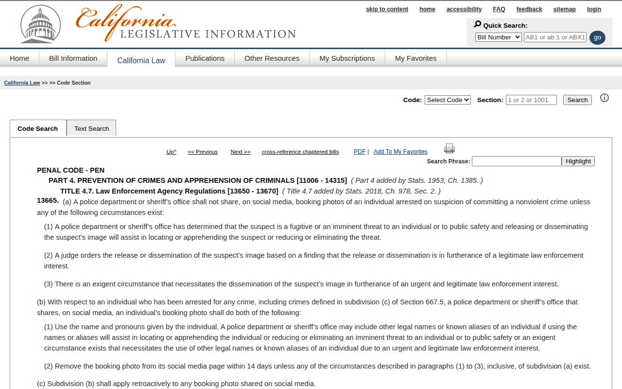 California Penal Code section 13665 official booking photo statute